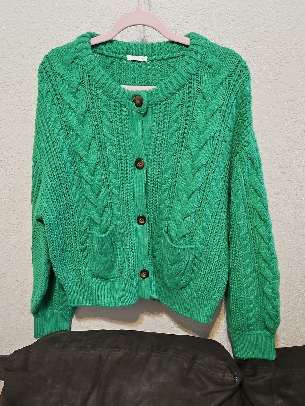 Emerald Cable-Knit Button-Front Cardigan Sweater